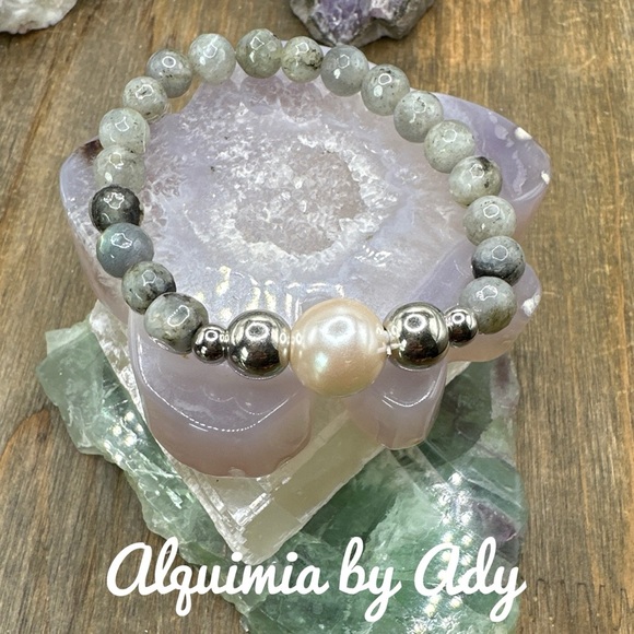 Labradorite beaded bracelet black agate chunky beads - Picture 1 of 8